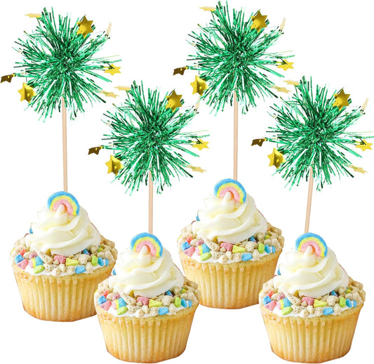 30 PCS Foil Firework Cupcake Toppers Happy Birthday Star Cupcake Picks Sparkle Tinsel Drink Stirrers Cocktail Fruit Toothpicks for Valentine's Day Wedding Birthday Party Decorations Supplies Green
