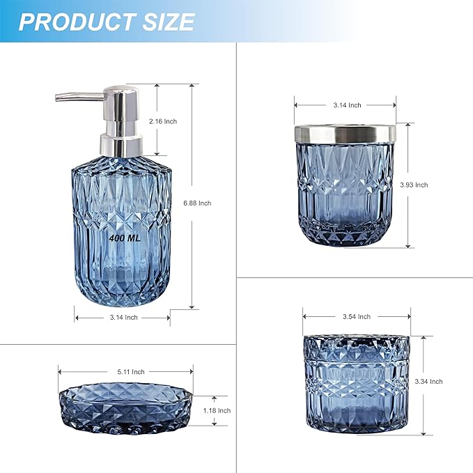 Blue Bathroom Accessories Set, 4Pcs Clear Glass Bathroom Accessories, Lotion Soap Dispenser Set, Toothbrush Holder, Qtips Holder, Soap Dish for Crystal Modern Bath Decor, Vintage Gift Set