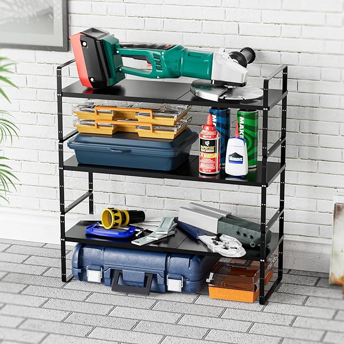 SANNO Expandable Kitchen Shelf Organizers, Large Counter Shelf Organizer with Expandable Shelves, Black, 3 Pack
