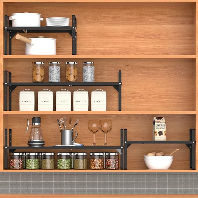 Redrubbit Large Expandable Cabinet Shelf Organizers, Stackable Kitchen Counter Shelves Spice Rack for Kitchen Bathroom Pantry Cupboard Desk Home Office, Black-2 Pack