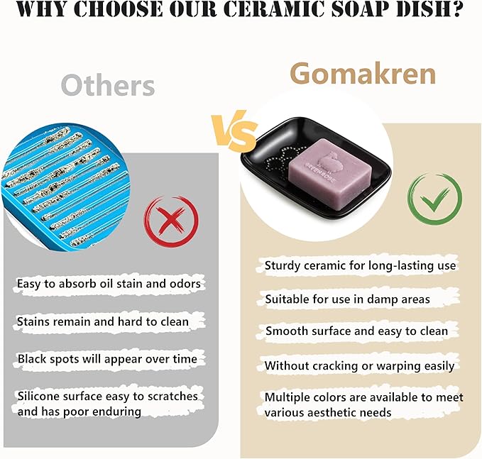 Gomakren Soap Dish for Shower, Ceramic Soap Dishes for Bar Soap Sponge, Halloween Shower Soap Holder Saver Tray for Bathroom Kitchen Sink, Easy to Clean, Black