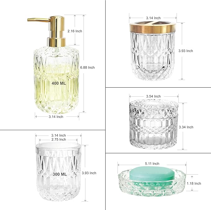 Glass Bathroom Accessories Set, 5pcs Crystal Clear Bathroom Accessories, Toothbrush Holder Set, Lotion Dispenser, Soap Dish, Tumbler, Qtips Holder, Vintage Bathroom Decor