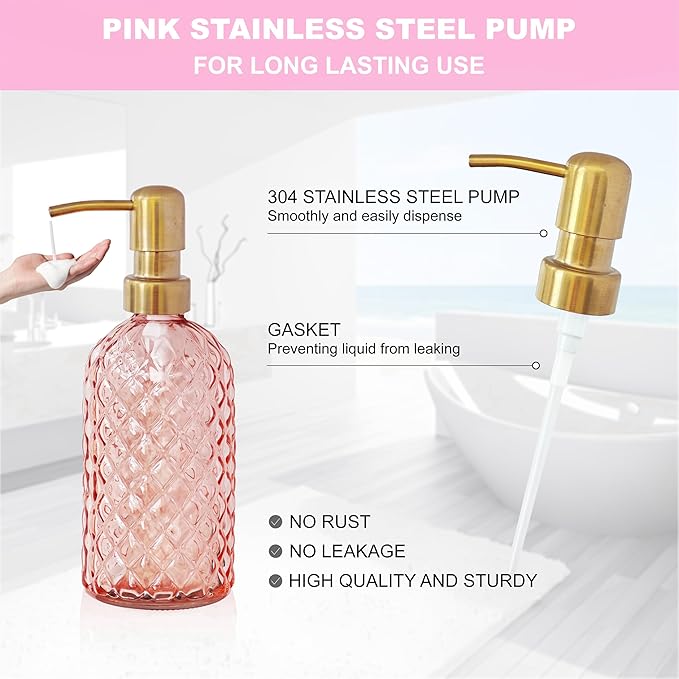 Pink Bathroom Accessories Set, 4Pcs Clear Glass Bathroom Set, Lotion Soap Dispenser, Toothbrush Holder Set, Soap Dish, Qtip Holder for Vintage Crystal Bath Decor, Light Pink