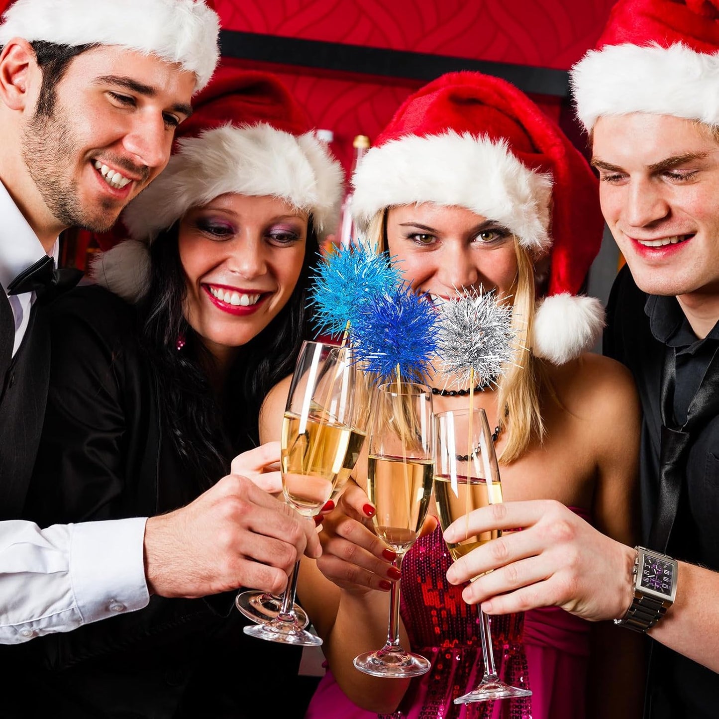 Chinco 100 Pcs Foil Firework Cupcake Toppers Sparkle Tinsel Cake Toppers Cake Decoration Cocktail Fruit Toothpick for Birthday Wedding Graduation Party(Dark Blue, Light Blue, Silver)