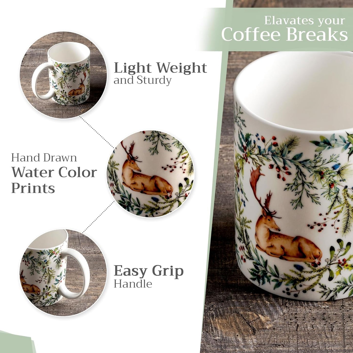 Maison d' Hermine Coffee Mug with Handles Fine Bone China Mugs Pack of One Tea Cups for Hot Beverages Cappuccino Latte Home Restaurant Office Perfect for Gift (Holly Time - Cerf, 12 Ounce)