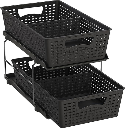 Simple Houseware 2 Tier Bathroom Organizer Tray Pull-Out Sliding Drawer/Under-Sink Storage, Black