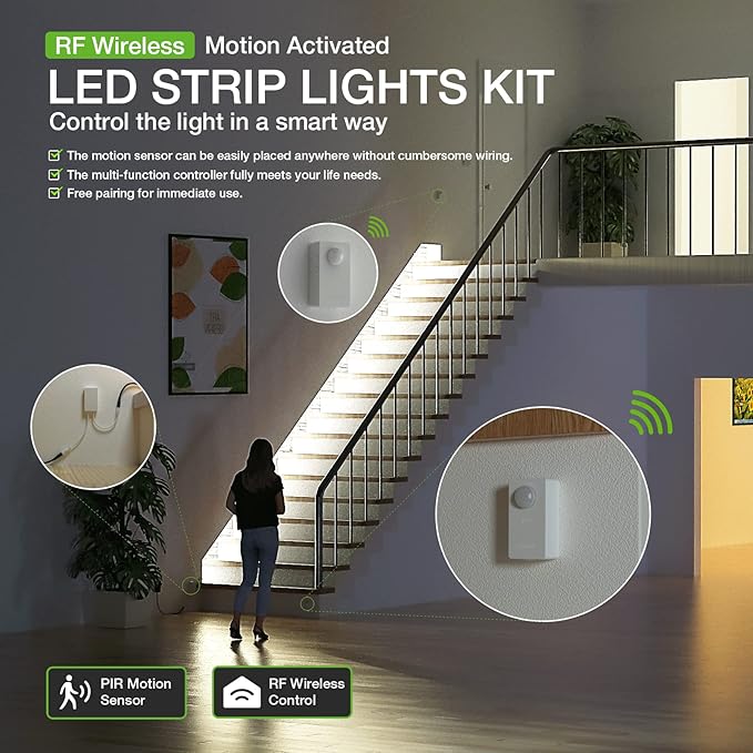 Wireless Motion Activated LED Strip Lights,19.7FT LED Strip Lights with Power Adapter,RF Wireless Motion Sensor Control Dimmer,Timing,Cool White (1×Controller+2×Motion Sensor)