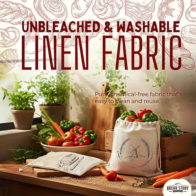 Linen Bread Bag – Reusable Linen Bags for Homemade Bread & Sourdough | Cloth Bags for Sourdough, Artisan Loaves, & Pastries | Unbleached Natural Fabric with Drawstring Closure, 2-Pack, 11 x 15"