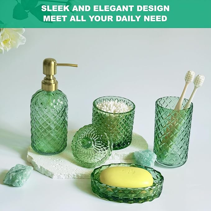 Glass Bathroom Accessories Set, 4Pcs Sage Green Bathroom Sets, Lotion Soap Dispenser, Toothbrush Holder, Soap Dish, Qtips Holder for Modern Bathroom Decor, Crystal Vintage Gift Set