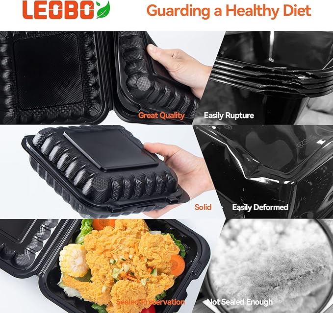 To Go Containers Mineral Filled PP Plastic - 8 Inch 34oz 55 Pack | Shrink Wrap BPA Free Takeout Boxes | Freezer & Microwave Safe for Food Delivery | Salad Breakfast Black Disposable Container
