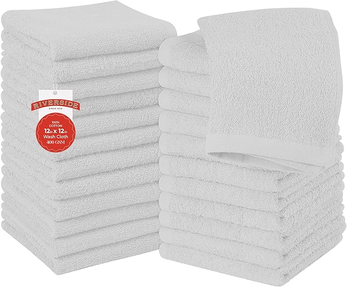 RIVERSIDE 24 Pack Washcloths Set - 100% Cotton [12x12 Inches] - Soft, Quick-Dry & Highly Absorbent Face Towels - Perfect for Bathroom, Gym, Hotel, Spa & Travel - White