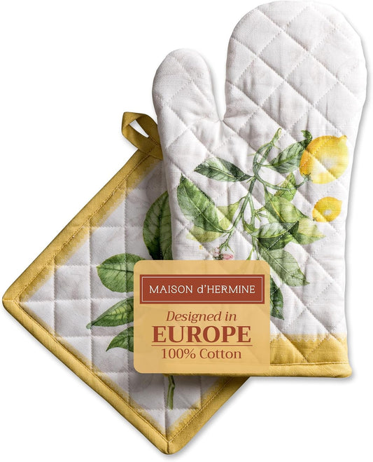 Maison d' Hermine 100% Cotton Oven Mitt & Pot Holder Set (7.5"x13" & 8"x8") Heat Resistant BBQ Cooking Gloves with Loop, Baking, Grilling, Kitchen, Handling Hot Pans Spring/Summer (Limoncello)