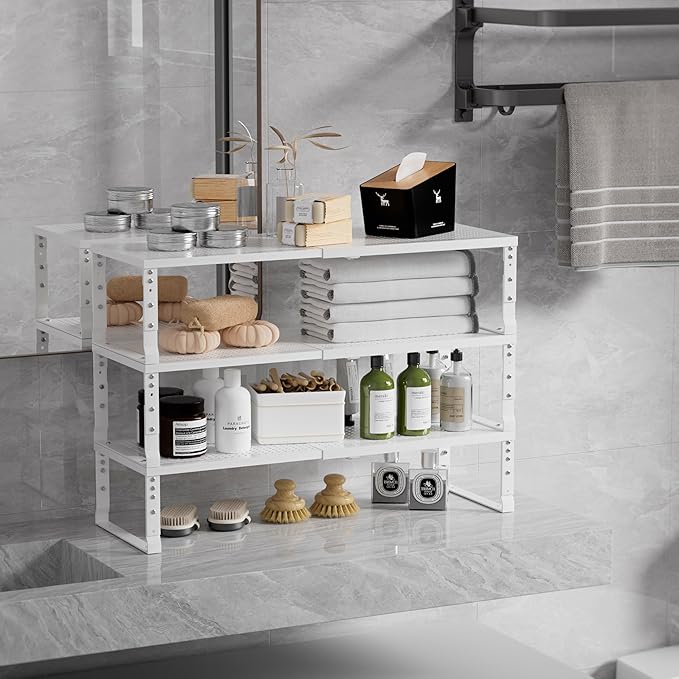 Expandable Spice Rack & Kitchen Cabinet Organizer - Stackable, Adjustable Shelves for Cabinets, Countertops, Cupboards & Pantries(3 Packs/Large/White)
