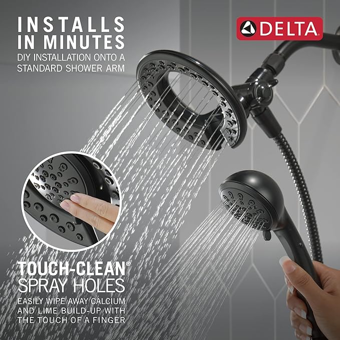 Delta Faucet 4-Spray In2ition 2-in-1 Black Shower Head with Handheld, Touch-Clean Matte Black Shower Head with Hose, Detachable Shower Head, Hand Held Shower Head, Matte Black 75486CBL