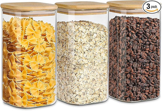 Glass Storage Containers with Airtight Bamboo Lids Set of 3,Pantry Food Glass Jar with Lid,Perfect for Kitchen Organization-Flour,Rice,Pasta,Sugar,Coffee Beans,Accessories Included (3 packs(68oz))
