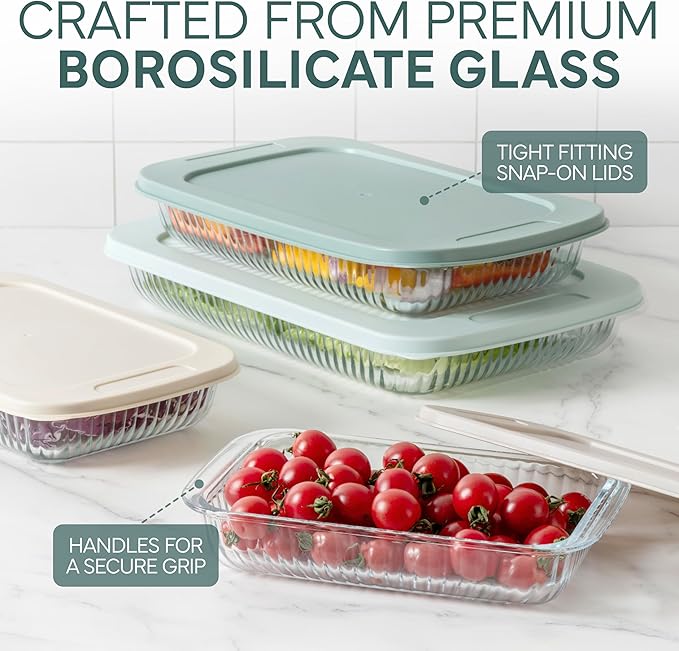 COOK WITH COLOR 8 PC. Glass Baking Dish Set with Lids - Deep Casserole Dish, Glass Food Container, Oven, Freezer and Microwave Safe, Clear Container, Fluted Mint
