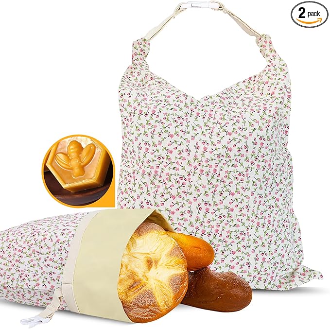 2 Pack Beeswax Bread Bags - 19x13 Inch Reusable Bread Storage Bags,Bees Wax Lined Bread Bags for Home Cooks fresh bread storage Easy Clean (Pink Floral)