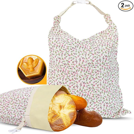 2 Pack Beeswax Bread Bags - 19x13 Inch Reusable Bread Storage Bags,Bees Wax Lined Bread Bags for Home Cooks fresh bread storage Easy Clean (Pink Floral)