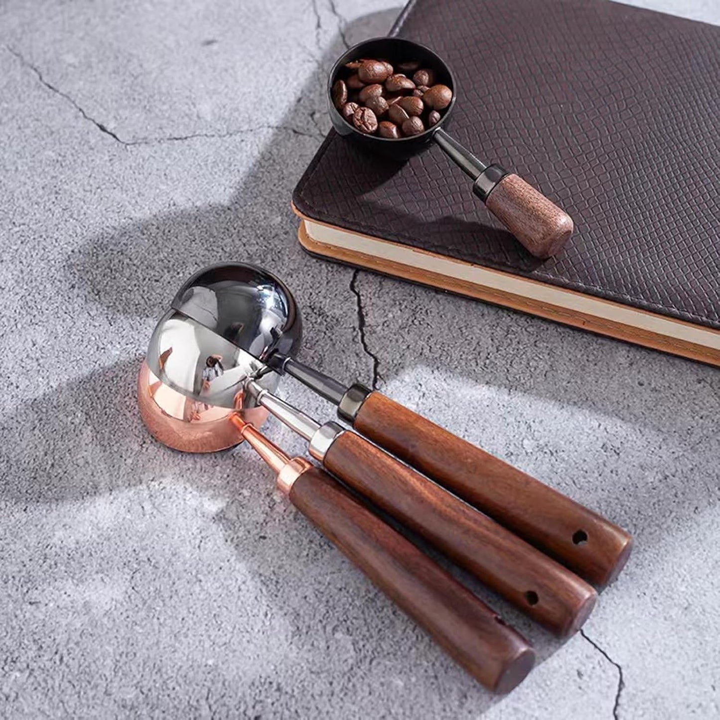 Vintage Coffee Measuring Spoon - 304 Stainless Steel, Coffee Scoop，10g Capacity, Walnut Handle - Perfect for Coffee, Tea, and More (Gunmetal (2 pcs))