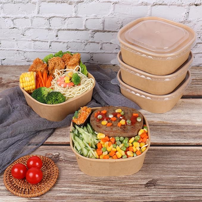 25 oz Disposable Kraft paper bowls with lids, Food containers Soup Bowls Party Supplies Treat Bowls 50 Pack
