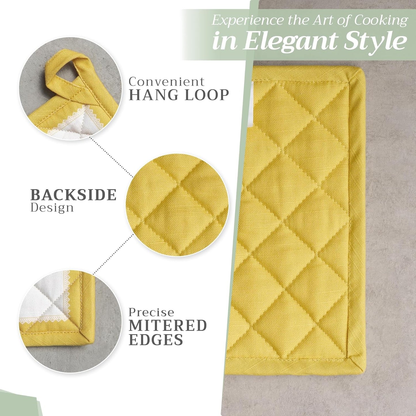 Maison d' Hermine Pot Holders Set 100% Cotton Heat Resistant Potholders 8" x 8" Hot Pads with Loop BBQ, Cooking, Baking, Grilling, Kitchen, Handling Hot Pans Spring/Summer (Pack of 2, Limoncello)