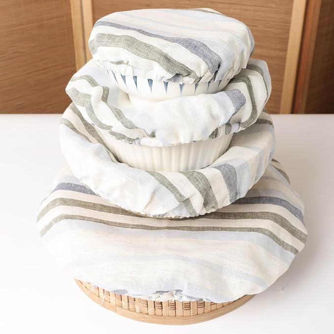100% Linen Bowl Covers Reusable For Bread Proofing, 4 Pcs Elastic Cloth Fabric Colorful Stripe Bowl Covers, 5.9 * 7.9 * 9.8 * 11.8 Inches, Colorful 2