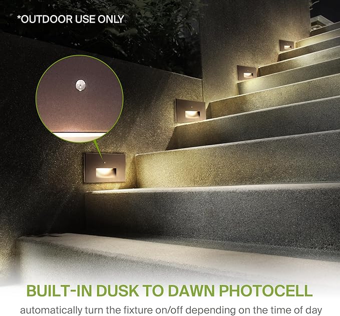 ASD LED Recessed Step Light Fixture, Dusk to Dawn Outdoor Tread Lighting | 3CCT, Photocell, Waterproof, ETL Listed | 3W 120LM 3000K-5000K 120V | Staircase Hardwired Illumination | Dark Bronze, 4 Pack