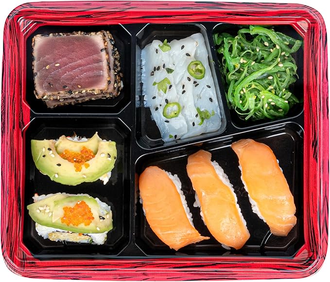 Restaurantware-Bento Tek 18.3 Ounce Meal Prep Containers, 50 Disposable To Go Food Boxes - Lids Sold Separately, 5 Compartments, Red And Black Plastic Bento Lunch Boxes, Freezable, For Take Out