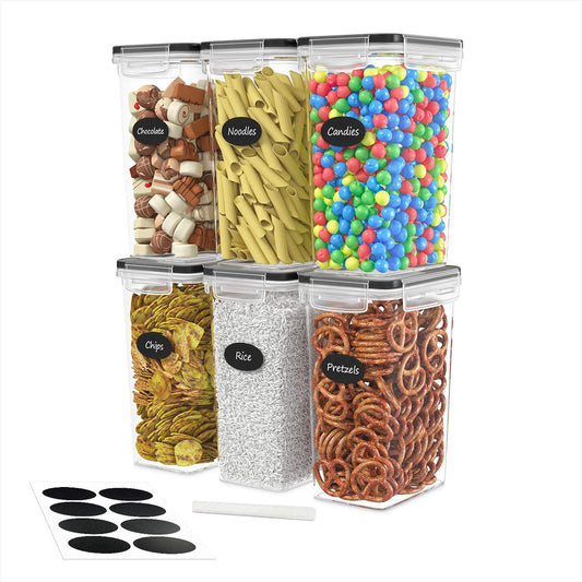 DWËLLZA KITCHEN Airtight Food Storage Container Set - 6 Pieces 2.0L - Plastic BPA Free Kitchen Pantry Storage Containers - Dishwasher Safe - Include 8 Labels and Marker - Keeps Food Fresh & Dry