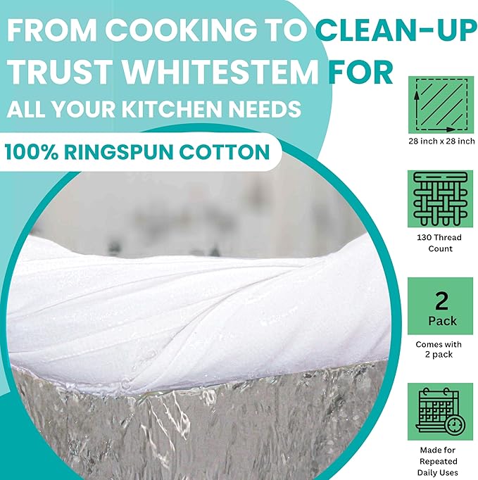 Flour Sack Towels 2 Pack 28"x28" | White Cotton Tea Towels for Kitchen, Dish, Baking & Bread Proofing | Blank Towels for Crafts, Embroidery, Printing | Thick, Absorbent, Quick Dry