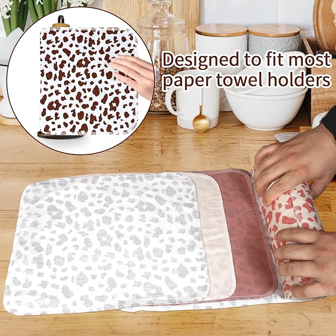 25 Pack Cow Pattern Print Reusable Paper Towels Bulk Washable Cotton Towels for Kitchen Rustic Dish Towel Cloth Hand Towels with Cardboard Roll Napkins Rag Bathroom Supplies(10x12in)