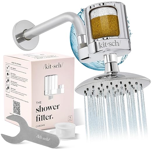 Kitsch Shower Head Filter for Hard Water – Shower Filter with KDF-55 & Calcium Sulfite, Helps Reduce Chlorine & Impurities, Water Softener - Bathroom Accessories for Healthier Hair & Skin - Chrome