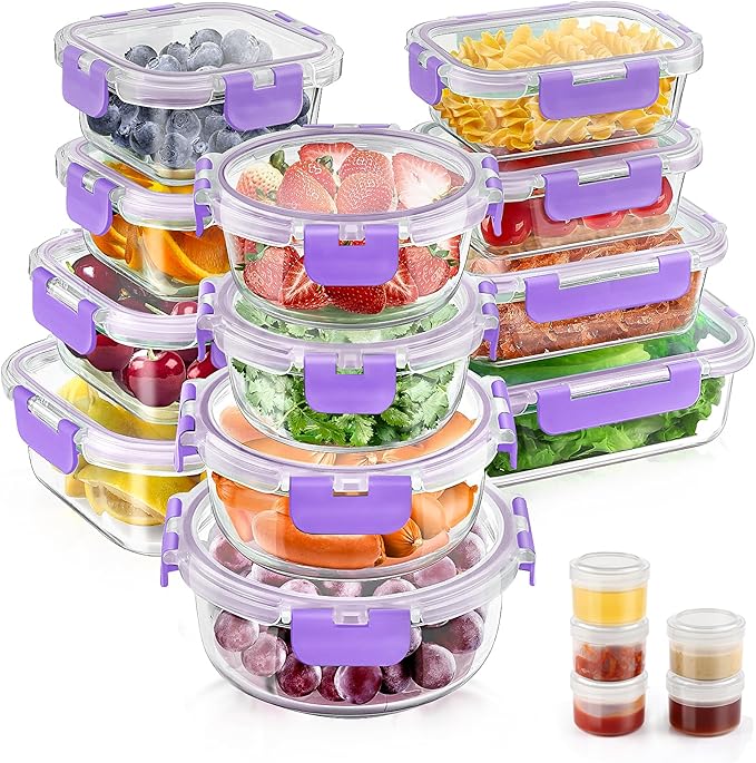 34pcs Glass Food Storage Containers with Lids Set, Airtight Glass Meal Prep Containers (17 Containers & 17 Lids), Leak Proof Lunch Containers BPA-Free, Microwave, Oven, Freezer, Dishwasher Safe
