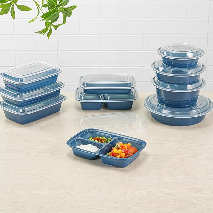 Restaurantware Asporto 26 Ounce Compartment Take Out Boxes, 100 Microwavable Meal Prep Containers - 3 Compartments, With Clear Plastic Lids, Midnight Blue Plastic Food Containers, Do Not Contain BPA