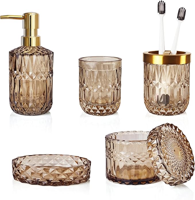 Brown Bathroom Accessories Set, 5Pcs Clear Glass Bathroom Accessories, Lotion Soap Dispenser, Toothbrush Holder Set, Soap Dish, Qtip Holder, Tumbler, Vintage Bathroom Set, Vanity Organizer