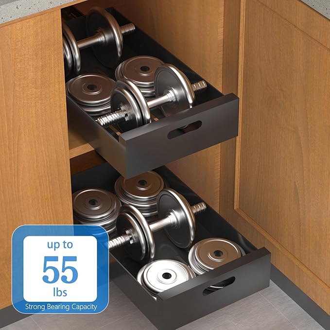 HBL' 2 Pack | 16.9" Deep Pull Out Cabinet Organizer Adhesive, 12-Inch Wide Sturdy Carbon Steel Roll-Out Drawers for Face Frame or Frameless Cabinets, Slide-Out Shelves for Pantry.