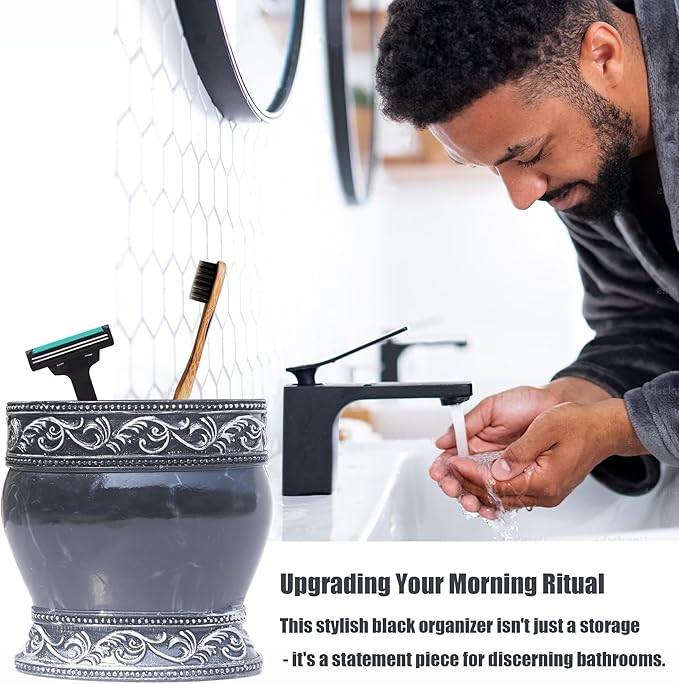 Bathroom Decor Accessories Set,4 PCS Including Soap Dispenser, Toothbrush Holder, Tumbler and Soap Dish, Black and White