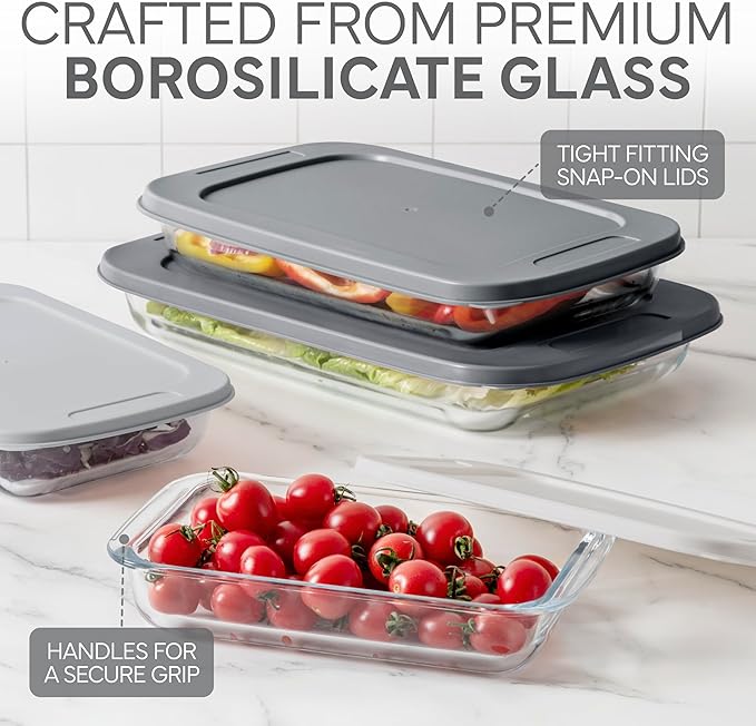 COOK WITH COLOR 8-Piece Deep Glass Baking Dish Set with Plastic Lids – Casserole and Food Storage Containers for Lasagna, Leftovers – Freezer-to-Oven, Microwave & Dishwasher Safe, Grey