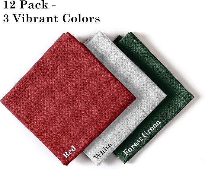 Waffle Dishcloths, 12x12 Inch, Soft, Absorbent, Cotton, Reusable, Quick Drying, Machine Washable, Ideal for Drying Dishes, Cleaning, Multipurpose Use, 12 Pack, Olive Green, White, Red