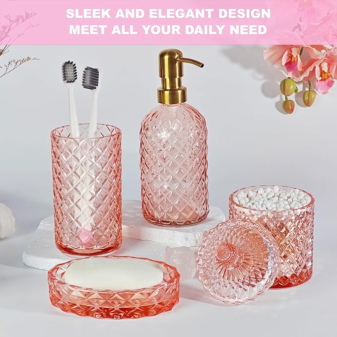 Pink Bathroom Accessories Set, 4Pcs Clear Glass Bathroom Set, Lotion Soap Dispenser, Toothbrush Holder Set, Soap Dish, Qtip Holder for Vintage Crystal Bath Decor, Light Pink