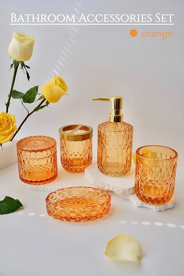 Orange Bathroom Accessories Set, 5Pcs Clear Glass Bathroom Set, Lotion Soap Dispenser, Soap Dish, Tumbler, Toothbrush Holder Set, Qtips Holder for Crystal Vintage Bathroom Countertop