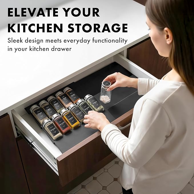 Spice Drawer Organizer - Expandable Spice Rack for Drawer, Black Seasoning Organizer for Drawer Spice Organizer, Spice Organization Seasoning rack insert for Cabinet (Jars Not Included)