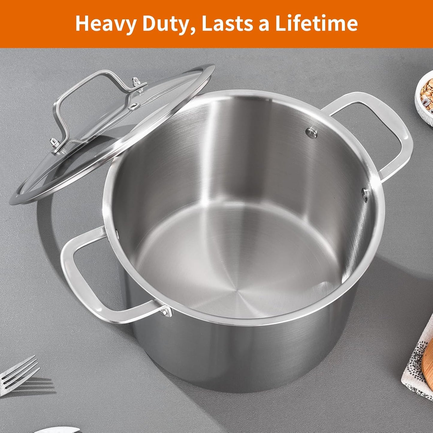 DELARLO Tri-Ply Stainless Steel 8 Quart Stock Pot, All Stove Compatible Up to 600℉ Soup Pot with Lid, 18/10 Induction Big Stockpot with Lids, Large Stainless Steel Induction for Cooking