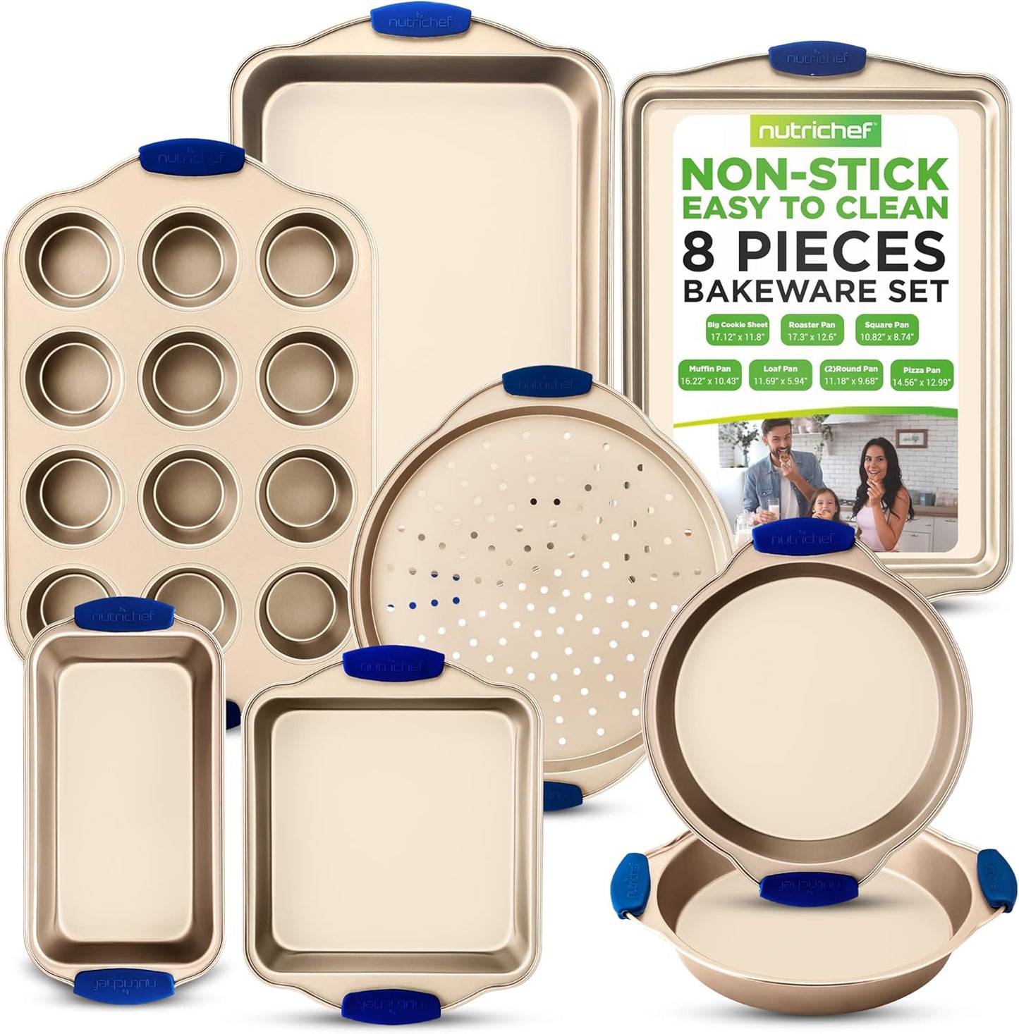 NutriChef 8-Piece Nonstick Bakeware Set - Heavy Duty Carbon Steel Baking Pans w/ Blue Silicone Handles - Pizza Crisper, Muffin & Loaf Pan, Round & Square Pans, Cookie Sheet - Champagne Gold