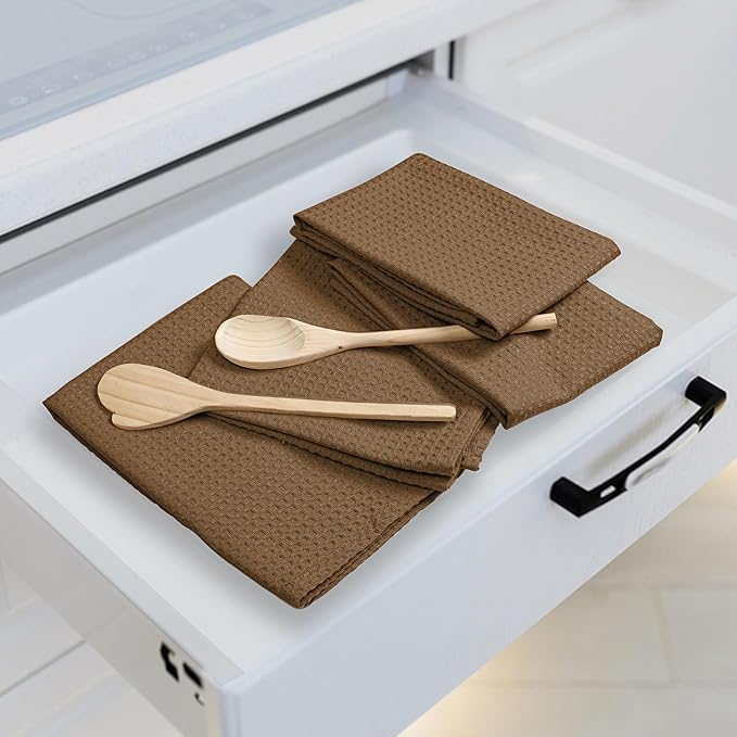 Brown Waffle Kitchen Towels, 16x26 Inch, Durable, Soft, Absorbent, Quick Drying, 100% Cotton, Reusable, Machine Washable, Ideal for Cleaning, Multipurpose Towels, Set of 4