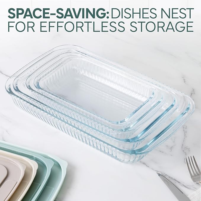 COOK WITH COLOR 8 PC. Glass Baking Dish Set with Lids - Deep Casserole Dish, Glass Food Container, Oven, Freezer and Microwave Safe, Clear Container, Fluted Mint
