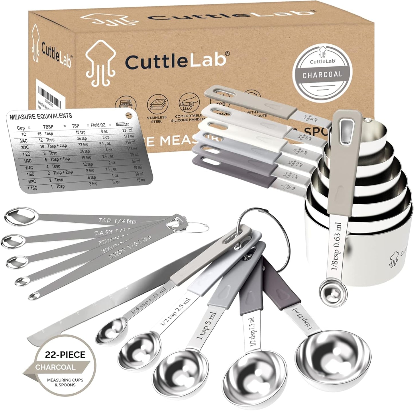 22-Piece Stainless Steel Measuring Cups and Spoons Set, Tad Dash Pinch Smidgen Drop Mini Measuring Spoons, Measuring Stick Leveler, Measurement Conversion Chart Fridge Magnet, (Charcoal)