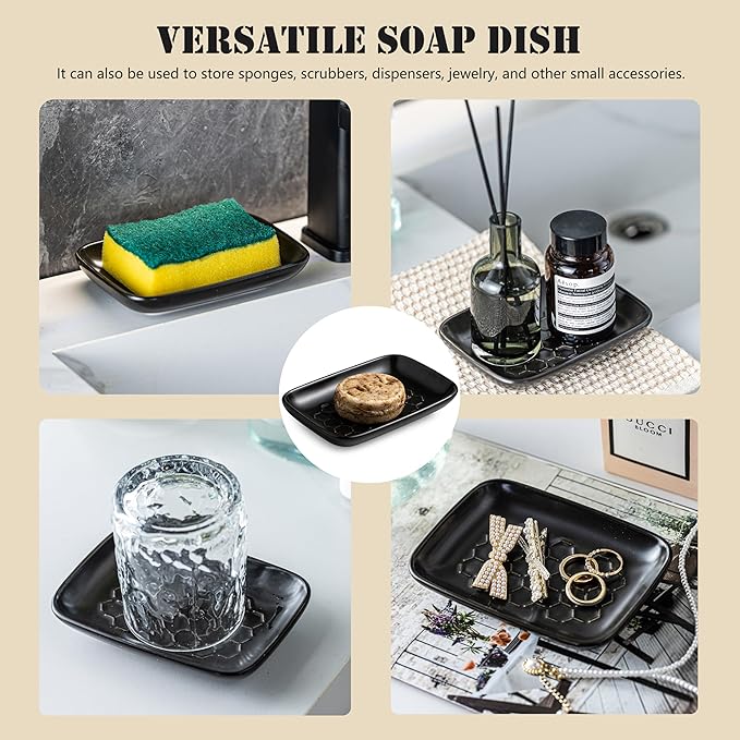 Gomakren Soap Dish for Shower, Bar Soap Holder, Ceramic Soap Dishes for Bar Soap, Halloween Sponge Holder Soap Saver Soap Tray for Bathroom Kitchen Sink, 5.5 Inch, Black
