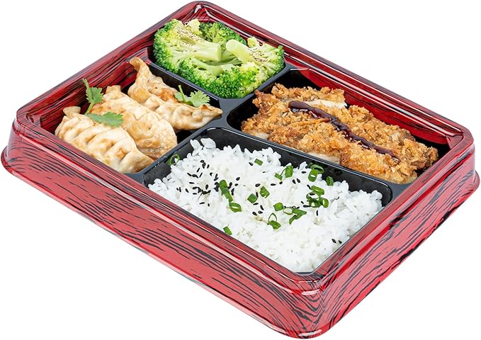 Restaurantware-Bento Tek 18.6 Ounce Meal Prep Containers, 100 Disposable To Go Food Boxes - Lids Sold Separately, 4 Compartments, Red And Black Plastic Bento Lunch Boxes, Freezable, For Take Out