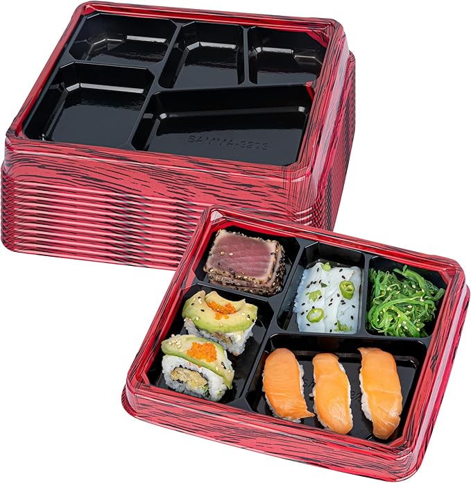 Restaurantware-Bento Tek 18.3 Ounce Meal Prep Containers, 100 Disposable To Go Food Boxes - Lids Sold Separately, 5 Compartments, Red And Black Plastic Bento Lunch Boxes, Freezable, For Take Out